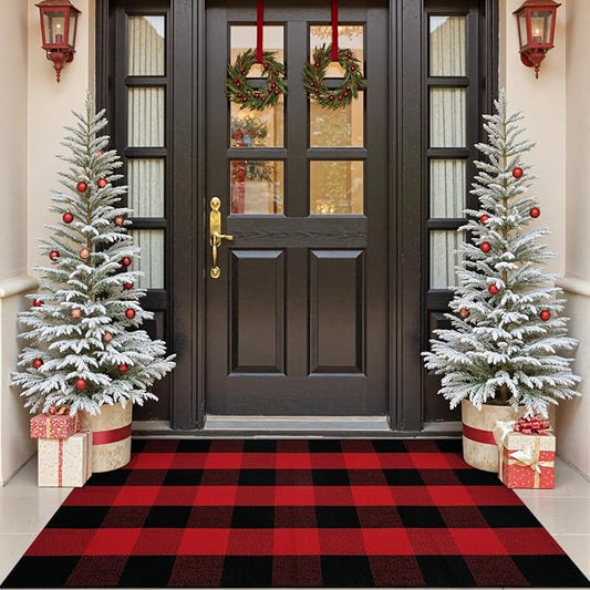 OJIA Christmas Outdoor Rug 3'x5', Red Plaid Front Door Mat Outdoor Area Rug Washable Cotton Outside Door Mats Layered Doormats Cotton Floor Carpet for Porch/Patio/Farmhouse/Entryway/Kitchen/Foyer