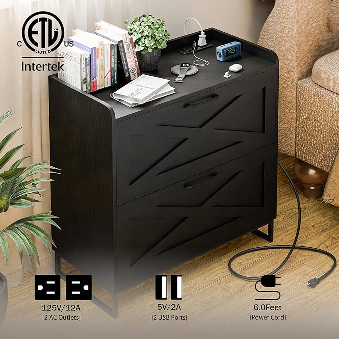 Lateral File Cabinet 2 Drawer File Cabinet with Charging Station for Legal/Letter/A4 Size Hanging Files, Modern Farmhouse Large Wood File Storage Cabinet Printer Stand for Home Office Furniture(Black)