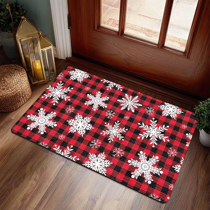 Merry Christmas Snowflakes Red Plaid Door Mat, Christmas Buffalo Plaid Doormat with Non-Slip Backing Front Porch Rug Welcome Mats for Home Indoor Outdoor, 18" x 30"Inch