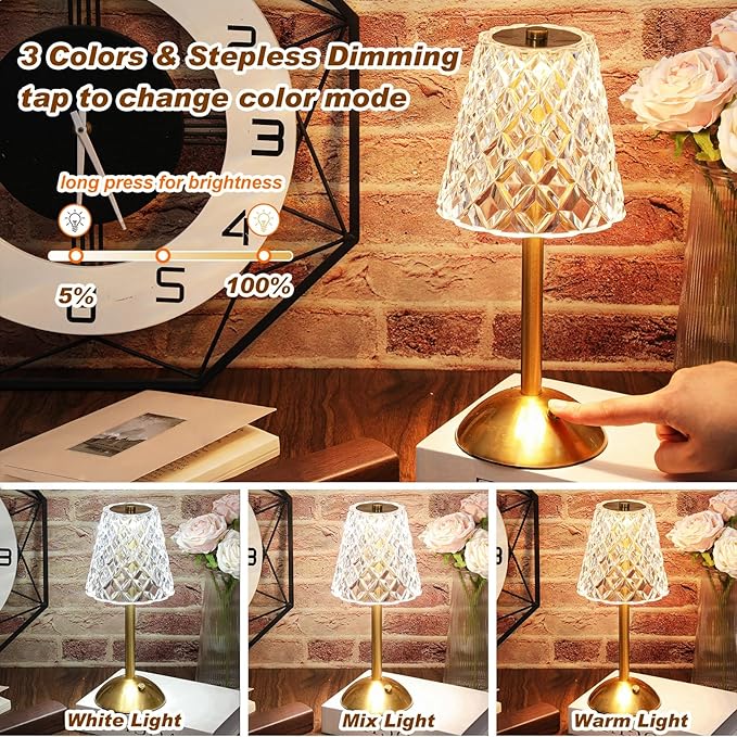 Liliful 4 Pcs LED Portable Cordless Table Lamp Touch Battery Operated Rechargeable Gold Desk Lamp 3 Color Dimmable for Bedroom Living Room Dining (Gold,Diamond Style)