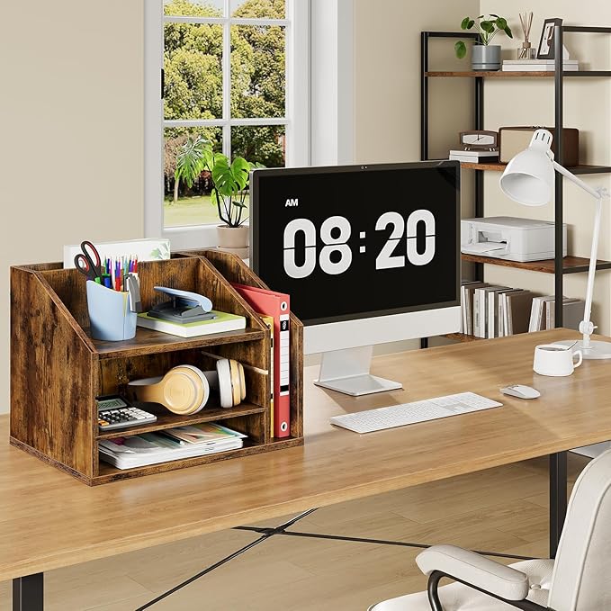 Wooden Desk Organizer with Adjustable Partitions, Multi-Layer Desktop File Holder for Home Office, Paper & Stationery Storage Organizer, Rustic Brown MWJ04FG