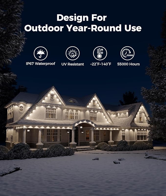 Permanent Christmas Lights Outdoor, 100ft RGB & 60pcs LED Lights, 79 Scene Modes with Timer for Smart Outdoor Christmas Decorations, IP67 Waterproof Works with Alexa and Google