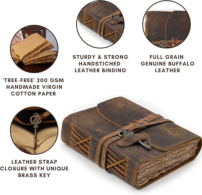 LEATHER VILLAGE Vintage Leather Journal – 200 Handmade Vintage Deckle Edge Paper – Leather bound Journal For Women Men – Vintage Key Closure - Book of Shadows - Cappuccuno Brown - 10X7 inches