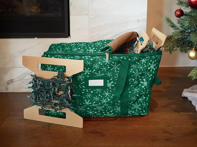 Covermates Keepsakes Rolling Christmas Light Storage Bag - Carrying Handles, ID Window, Dual Wheels - Holiday Storage, Green Snowflake