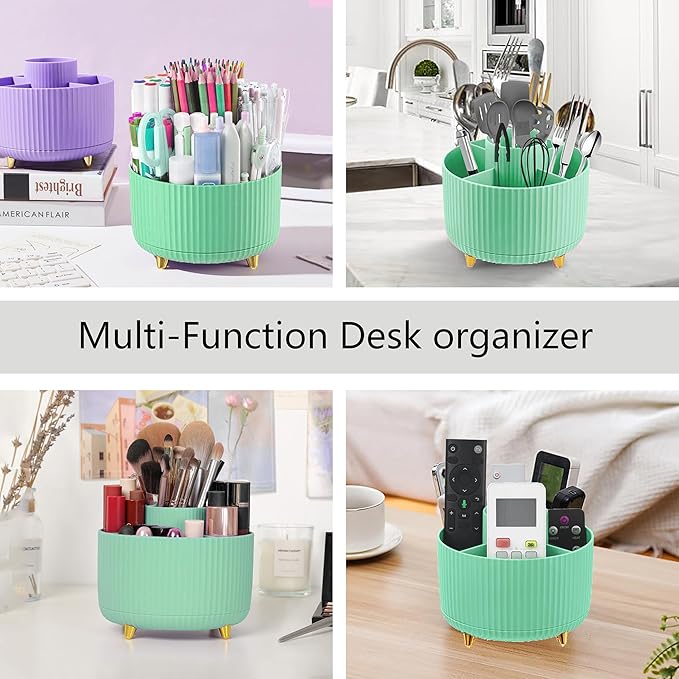 Green Office Supplies, Teal Desk Accessories 360°Pen Holder Desk Organizers and Accessories with Tape Dispenser, Stapler, Staple Remover, 1000 Staples, Tape, Clips Set, Ruler, Scissor, Pen