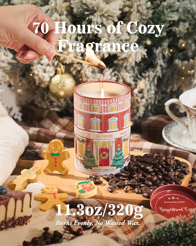 M&SENSE Gingerbread Coffee Christmas Candles, Warm Scented Holiday Candle with Gingerbread Cookie, Chocolate & Coffee Bean, Soy Wax 11.3oz 70 Hour Clean Burn, Cozy Winter Home Decor, Christmas Gifts