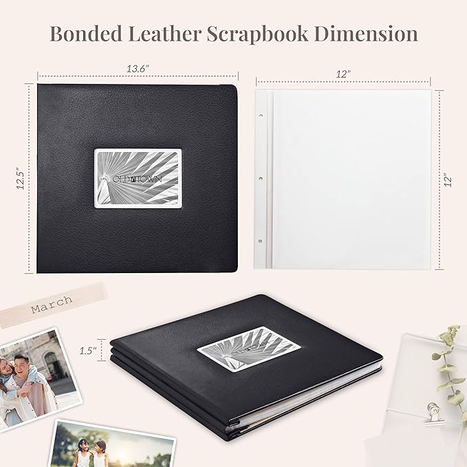 Old Town Bonded Leather Photo Album, Large Leather Scrapbook, Expandable Scrapbook Album 12x12 Double-Sided White Paper Pages and Optically Clear Pockets, Faux Suede Lining, Black