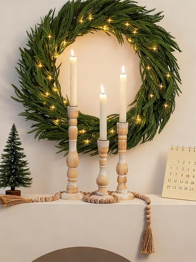NUPTIO Candlestick Holders Wood for Home: Set of 3 Tall Farmhouse Taper Candle Holders Mantel Decor