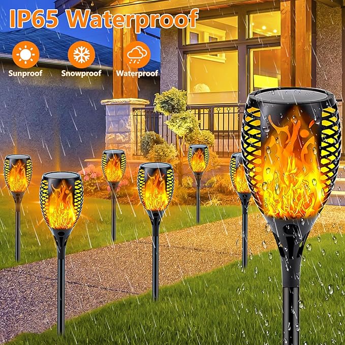SANJICHA 4 Pack Super Larger Size Solar Flame Torch Extra Bright Tiki Lights Christmas Outdoor Decorative with Flickering Flame, Solar Christmas Outdoor Lights Waterproof Lamps for Outdoor use Garden