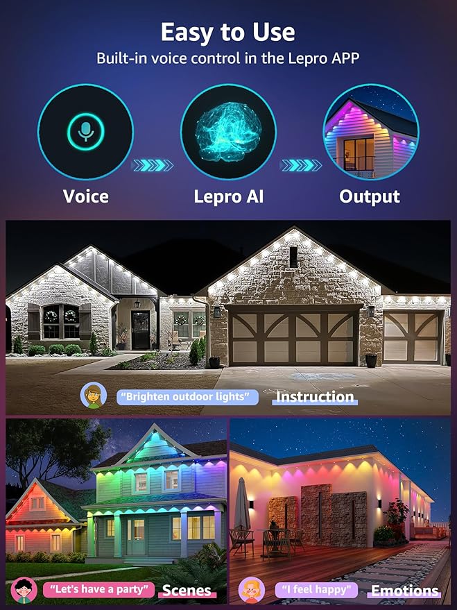 Lepro E1 AI Permanent Outdoor Lights APP Control, 50ft 30 LED Smart RGB+IC+Warm/Cool White House Eave Light for Halloween Christmas, Alexa Google Enabled, 2.4 GHz WiFi/Bluetooth, NO Remote Controller