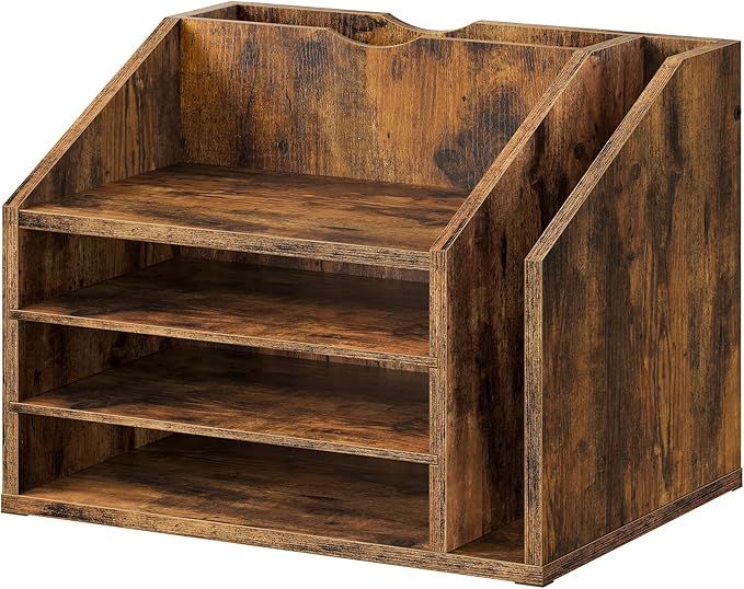 Wooden Desk Organizer with Adjustable Partitions, Multi-Layer Desktop File Holder for Home Office, Paper & Stationery Storage Organizer, Rustic Brown MWJ04FG