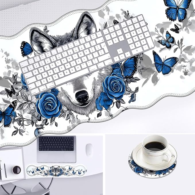 Large Mouse Pad and Keyboard Wrist Rest, Desk Pad for Keyboard and Mouse, 4-in-1 Large Gaming Mouse Pad with Wrist Support, Desk Mat for Home Office Study Game-Wolf Butterflies