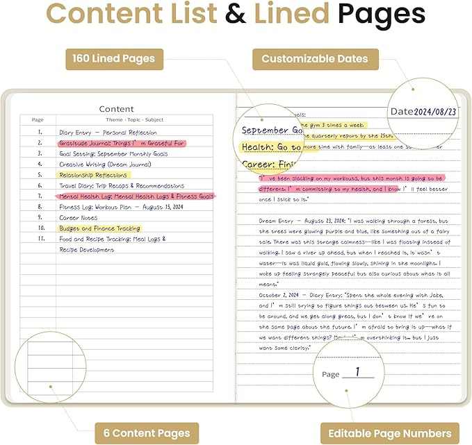 Lined Journal Notebook for Women & Men, Hardcover Leather Journal for writing, A5 College Ruled Notebook for Work & Note Taking, Perfect for Office School Home Supplies, 160 Pages, Beige Grey