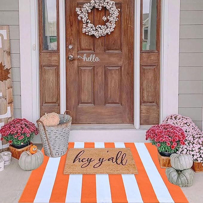 Orange and White Rug Halloween Fall Front Door Rug Hand Woven Area Rugs Washable Outdoor Doormats Indoor Entrance Mat for Front Porch Kitchen Entryway Patio Holiday