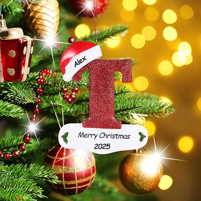 Personalized 26 Letters Ornaments for Christmas Tree 2025, Custom Christmas Ornament with Family Member's Names 3D Resin Xmas Hanging Pendant Original Gifts for Family Friends(T)