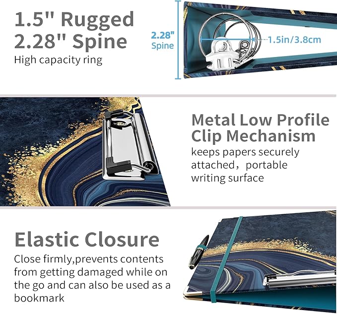 Ospelelf 3 Ring Binder, 1.5 Inch, Letter Size (11" x 8.5") with 5 Tab Dividers, File Folder Labels and Low Profile Clipboards, Blue Marble Binder for School and Office Supplies