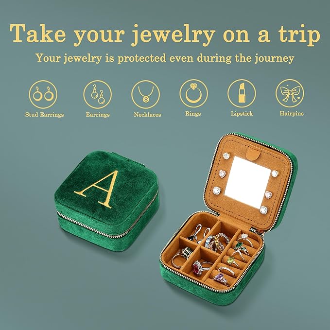 Parima Travel Jewelry Case - Small Mini Box for Women, Organizer, Personalized Custom Monogrammed Letter J, Green
