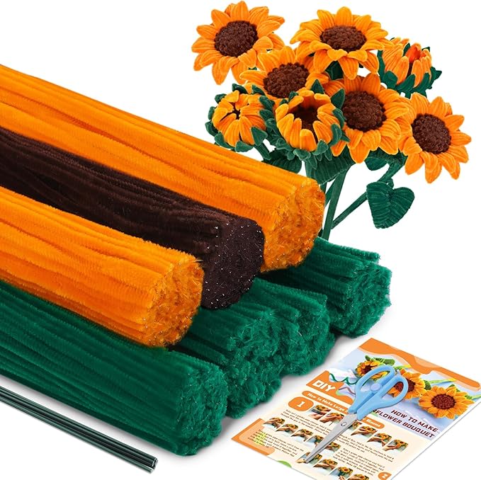 UzecPk 690PCS Pipe Cleaners for Crafts, Pipe Cleaner Sunflower Kit, Pipe Cleaner Flowers Kit with Instructions, Sunflower Pipe Cleaners for Flowers DIY Art and Craft Decorations