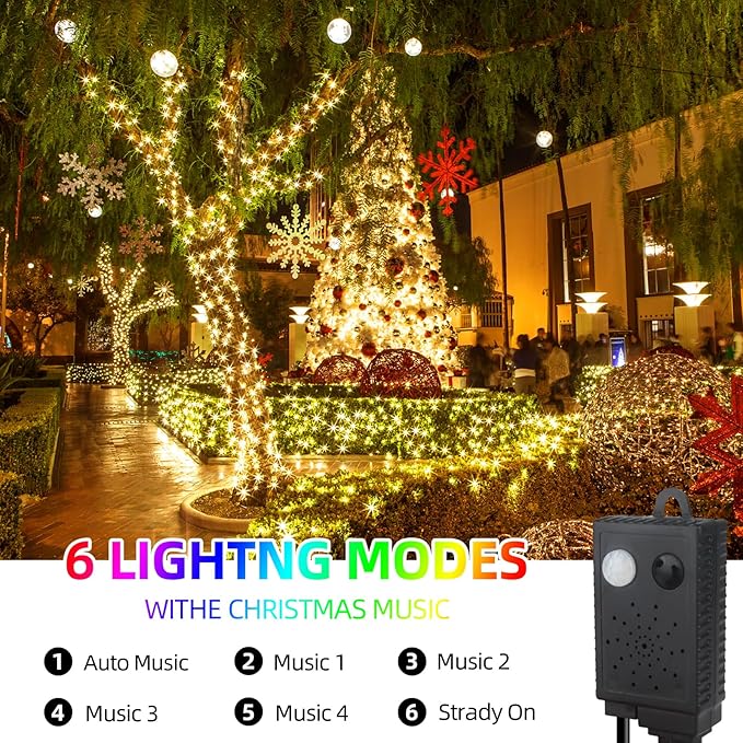Music Motion Sensor Christmas String Lights 105ft 300 LED, Warm White Christmas Tree Light，End to End Plug In 6 Modes Christma s Lights, Waterproof for Indoor Outdoor Tree Party Yard Room Decor