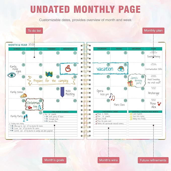 Ospelelf Undated Spiral Bound Planner Daily, Weekly and Monthly Planner, Pink Teacher Student Planner 12 Month 8.5 x 11
