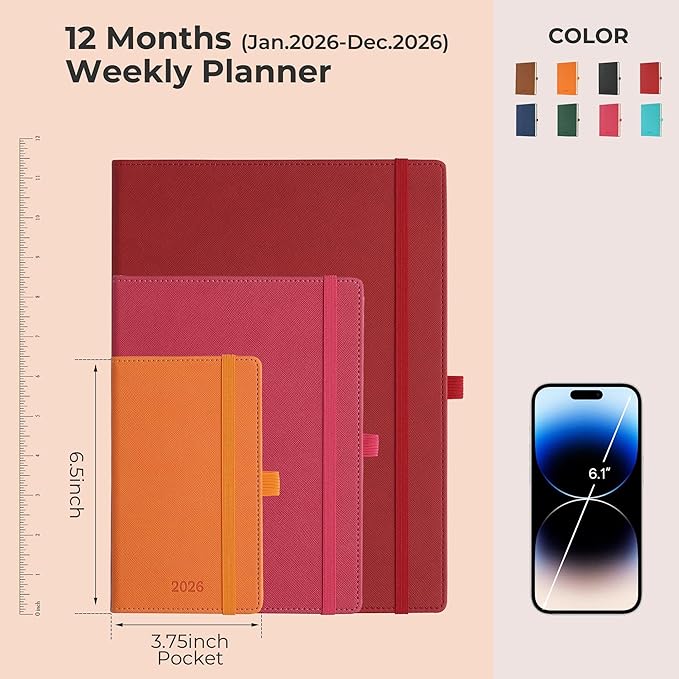 Weekly Monthly 2026 Planner (Jan.26-Dec.26),6.5"x3.75",12 Months Agenda Plan with Month Tabs & Pocket,Expenses/Note Pages, Appointment Book Calendar with Hardcover Vegan Leather Cover,Red