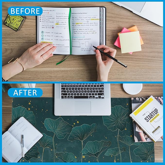 Mouse Pad,Lotus Leaves in Gold Line Desk Mat for Desktop,Desk Pad with Non-Slip Base and Stitched Edge,Extended Mousepad for Office and Home 35.4X15.7 Inch