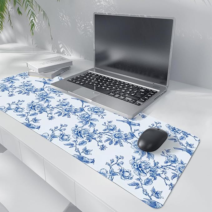 Navy Blue Chinoiserie Mouse Pad,Vintage Blue and White Floral Desk Mat,XL Large Flowers and Birds Preppy Mouse Pad,Girly Laptop Desk Mat for Dorm Home Office,31.5x11.8 Inch
