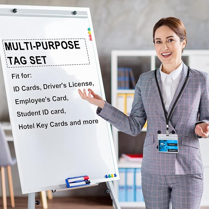 Marspark 100 Sets Clear Name Tags with Lanyard, Lanyards for ID Badges Reusable Strap with ID Holder Plastic Name Badges for Adults Business School Church Conference (Black)