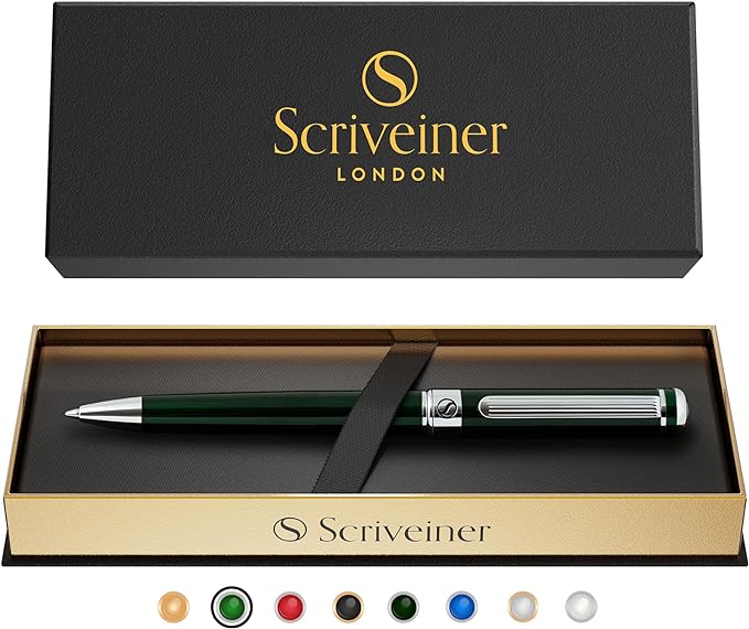 Scriveiner Green Ballpoint Pen - Stunning British Racing Green Luxury Pen, Chrome Finish, Schmidt Black Refill, Best Ball Pen Gift Set for Men & Women, Professional Executive Office, Nice Designer Pen