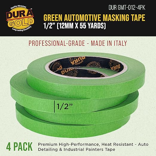 Dura-Gold Green Automotive Masking Tape 1/2 Inch (12mm x 55 Yards), 4 Rolls - Premium High-Performance, Heat Resistant - Auto Refinish Painting, Car Detailing, Autobody, Industrial, Painters Tape
