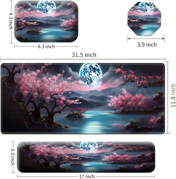 Large Gaming Mouse Pad+Memory Foam Ergonomic Keyboard Wrist Rest Support+Wrist Rest+Coaster, Extended Desk Pad Set, Stitched Edge Non Slip Desk Mat 4PC for Office & Home, Moon Cherry Blossom