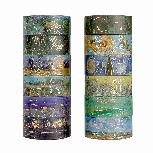 Lychii Washi Tape Set, 12 Rolls Gold Foil Van Gogh Oil Painting Patterns 5M/16.4Ft Long Decorative Masking Tapes for Planners, Calendar, Scrapbook, Journal - 15 mm
