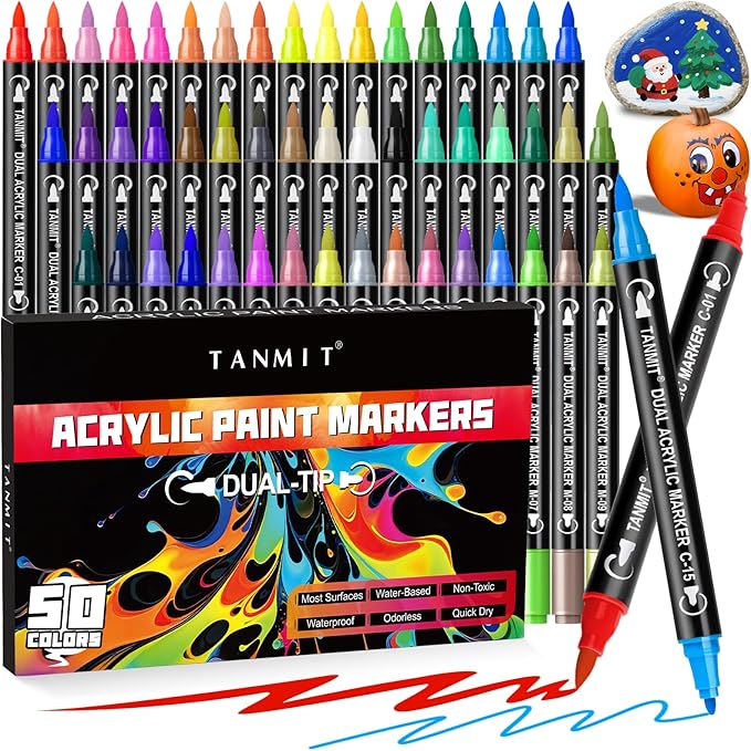 50 Colors Acrylic Paint Markers, Dual Tip Acrylic Paint Pens with Fine Tip and Brush Tip for Rock Painting, Ceramic, Wood, Plastic, Calligraphy, Scrapbooking, Brush Lettering, Card Making, DIY Crafts