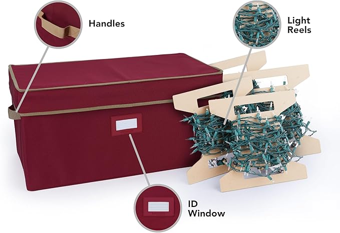 Covermates Keepsakes Christmas Light Storage Box - Carrying Handles, Sturdy Interior Walls - Holiday Storage, Red