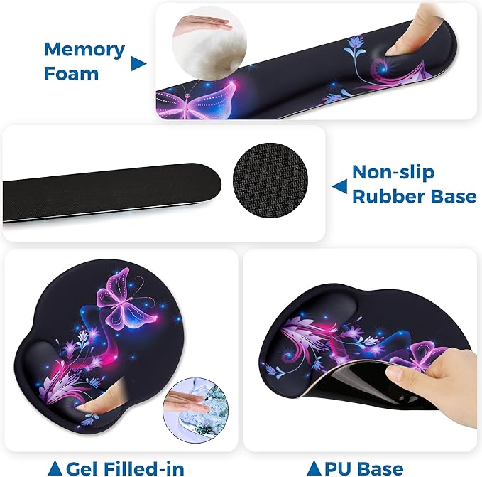 Mouse Pad and Keyboard Wrist Rest Support, with Non-Slip PU Base,Gel Mouse Pad with Coaster,Pain Relief for Gaming, Computer,Office -Vector Butterflies