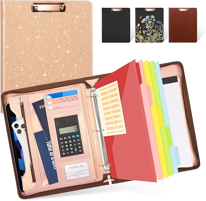 Ospelelf Clipboard with Storage, 3 Ring Binder with Zipper, Leather Padfolio Portfolio Folder, Calculator, 12.1” Tablet Sleeve, 5 Dividers with Pocket|Refillable Notepad, Card Slot (Rose Gold)