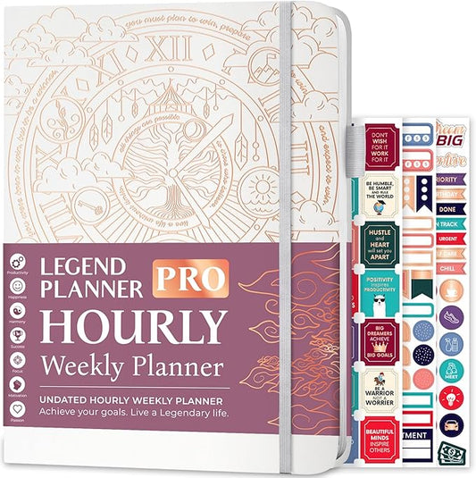 Legend Planner PRO Hourly Schedule - Weekly & Daily Organizer with Time Slots. Appointment Book Journal for Work & Personal, A4 (White Gold)