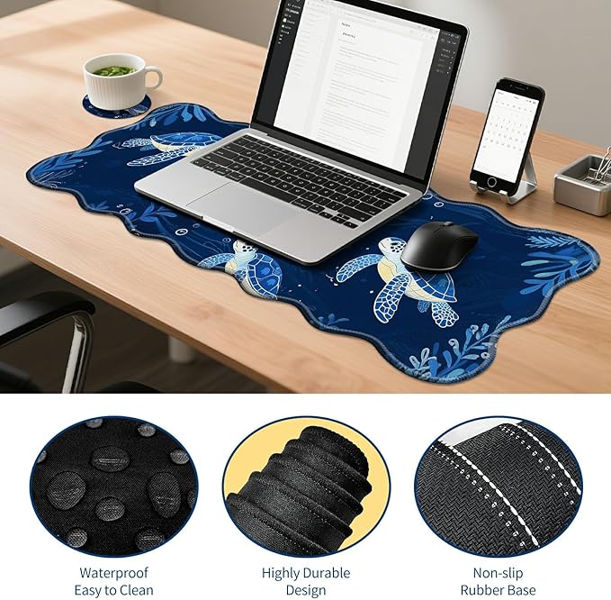 4-Piece XXL Gaming Mouse Pad Set (31.5"x11.8") with Keyboard Wrist Rest,Mouse Wrist Support & Coaster,Ergonomic Non-Slip Desk Mat for Office & Home,Blue Sea Turtle