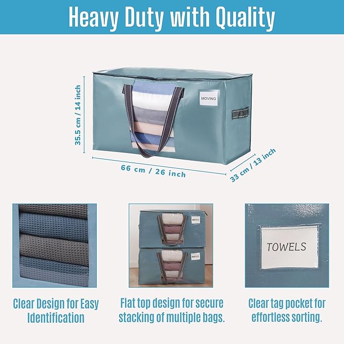 VENO 8 Pack Moving Bags, Comforter and Blanket Storage Bags for Closet, Moving Boxes, Boxes with Lids Alternative, College Dorm Packing Supplies, Foldable Heavy-Duty Tote (Shiny Light Blue, 8 Pack)