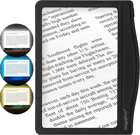 MAGNIPROS 5X Large LED Page Magnifier for Reading Magnifying Glass Reader with 3 Color Lighting Modes & Anti-Glare Lens to Reduce Eye Strain-Perfect for Fine Print, Aging Eyes, Low Vision and Seniors