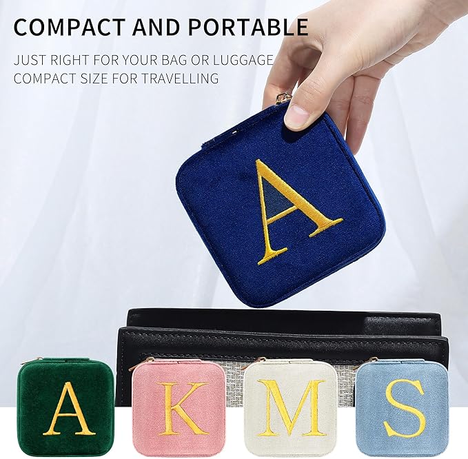 Parima Plush Velvet Travel Jewelry Case Jewelry Box - Small Jewelry Case Organizer Holder Ring Earrings Box Travel Essentials for Women, Birthday Gifts for Women Mom - Letter G, Navy Blue
