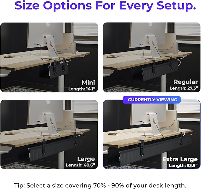 Ascrono Original No Drill Under Desk Cable Management Tray 53.9" - Premium Black Fabric Cable Management Under Desk - Clamp/Screw Mount Cord Organizer - Supports Upto 66lbs - Extra Large