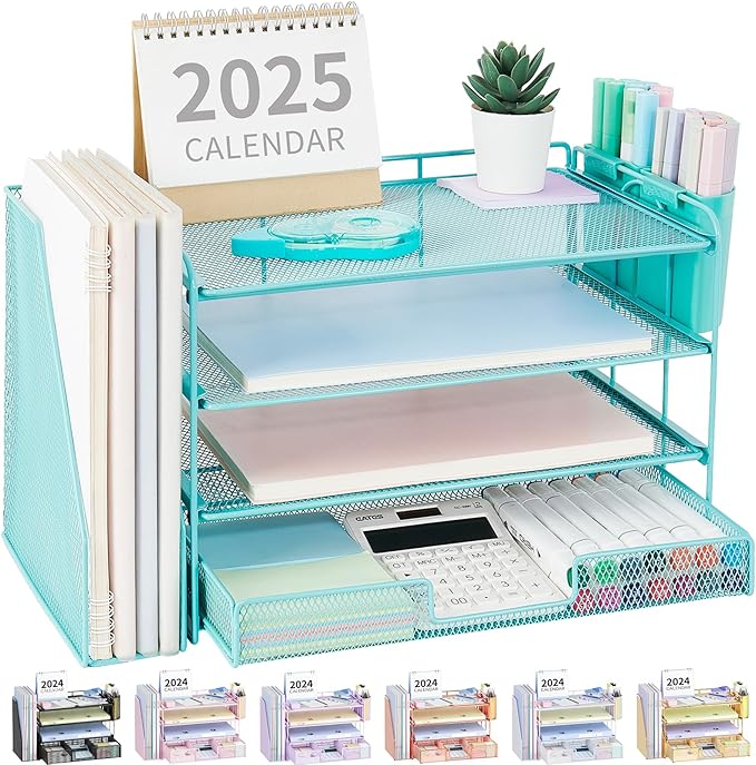 OPNICE Desk Organizer and Accessories, 4-Tier Desktop File Organizer with Drawer and 2 Pen Holders, Office Desk Accessories, File Sorters, Workspace Organizers for Office Supplies(Teal Blue)