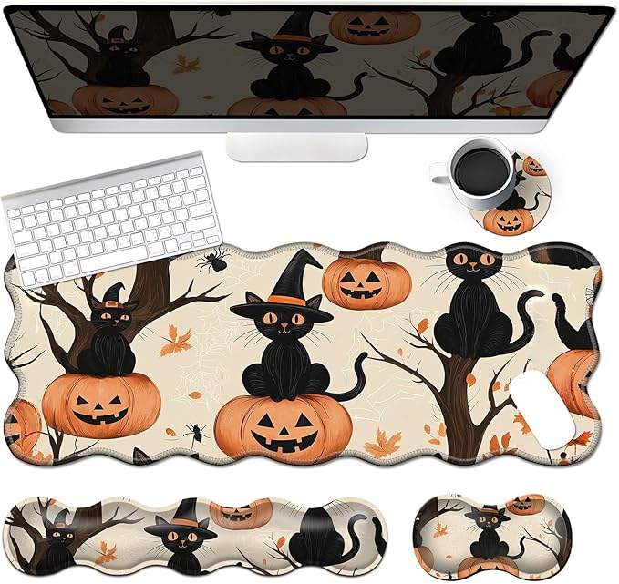 4-Piece XXL Gaming Mouse Pad Set (31.5"x11.8") with Keyboard Wrist Rest,Mouse Wrist Support & Coaster,Ergonomic Non-Slip Desk Mat for Office & Home,Black Cats Pumpkins
