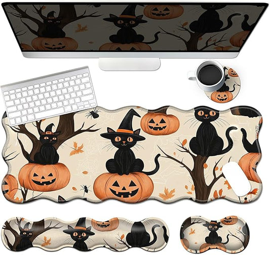 4-Piece XXL Gaming Mouse Pad Set (31.5"x11.8") with Keyboard Wrist Rest,Mouse Wrist Support & Coaster,Ergonomic Non-Slip Desk Mat for Office & Home,Black Cats Pumpkins