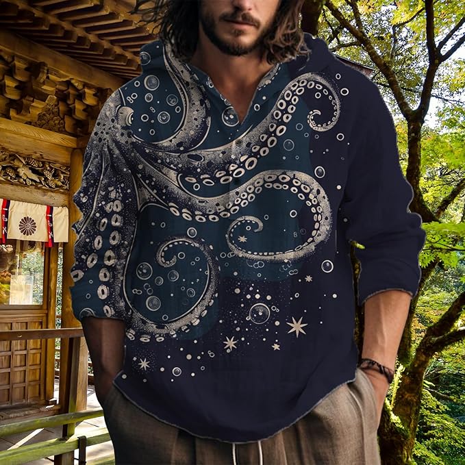 MARSVOVO Hooded Long Sleeve Shirt Men Fashion Graphic Button Up Lightweight Big and Tall Casual Vacation Shirts for Men