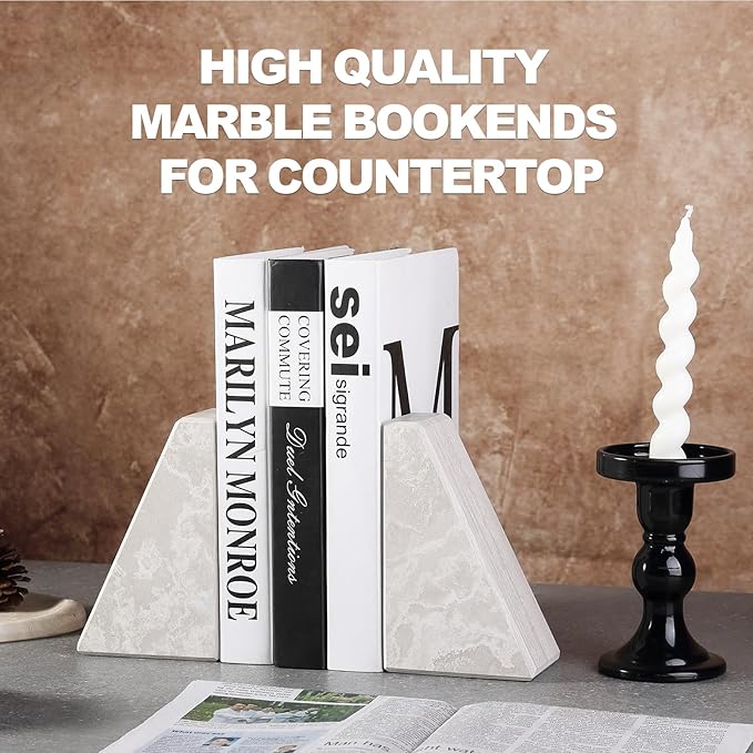 Marble Bookends for Heavy Books, Decorative Book Ends for Shelves, Durable and Heavy-Duty Bookends for Hardback Book & CDS, Off-White Unique Books Stopper & Holder, Set of 2