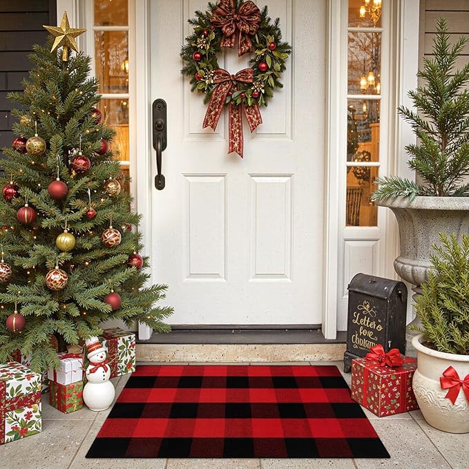 OJIA Christmas Buffalo Plaid Door Mats Outdoor 2'x3', Cotton Red&Black Front Door Rug Machine Washable Small Area Rug Farmhouse Indoor Throw Rugs for Layered Doormat/Porch/Entryway/Kitchen/Bathroom