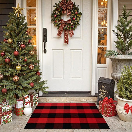 OJIA Christmas Buffalo Plaid Door Mats Outdoor 2'x3', Cotton Red&Black Front Door Rug Machine Washable Small Area Rug Farmhouse Indoor Throw Rugs for Layered Doormat/Porch/Entryway/Kitchen/Bathroom