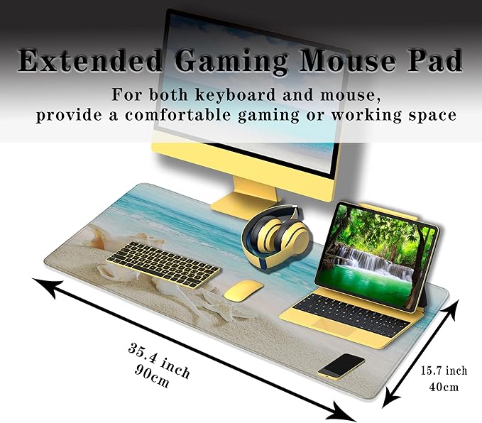 Office Desk Mat Keyboard Pad, Gaming Mouse Pad Large Desk Pad, The Desk Mat Waterproof Non-Slip Rubber Base, 35.4 X 15.7 inch for Work/Game/Office/Home Seashells, Ocean Seashells Sandy Beach